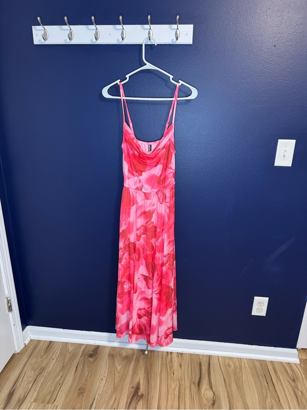 Women's Pink Floral Midi Dress with Cowl Neck
